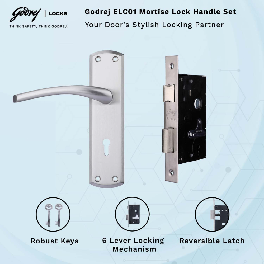 Godrej Mortise Door Lock | ELC 01-6 Levers | Handle Set with 2 Keys | Suitable for Left & Right Handed, Inside & Outside Opening Door Handle Set | Satin Steel Finish | Silver | 5 Years Warranty